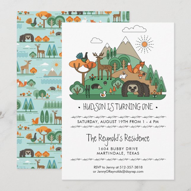 Invitación de fiesta de animales del bosque (Anverso / Reverso)