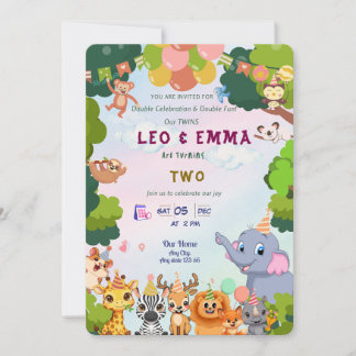 Invitación de fiesta de animales salvajes gemelos