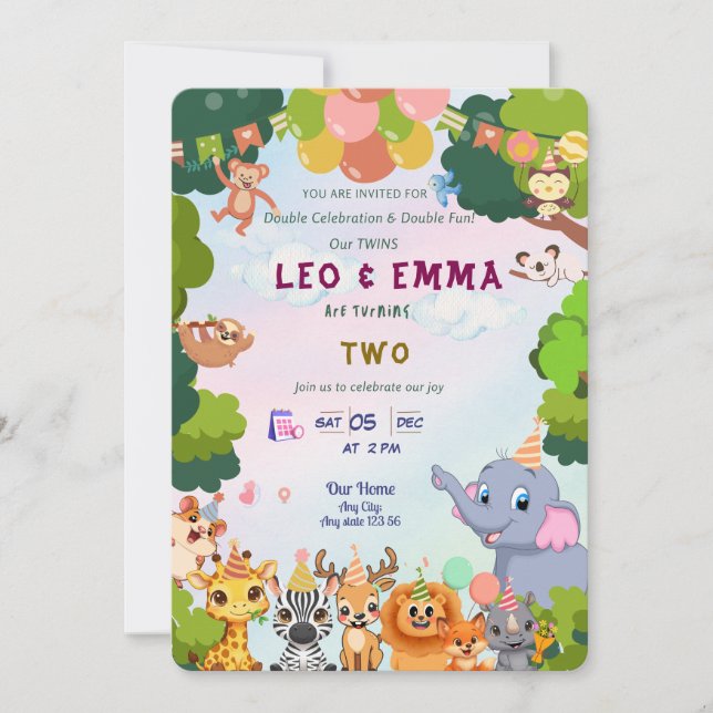 Invitación de fiesta de animales salvajes gemelos (Anverso)