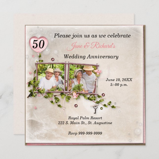 Invitación de fiesta de aniversario de bodas con f (Anverso / Reverso)