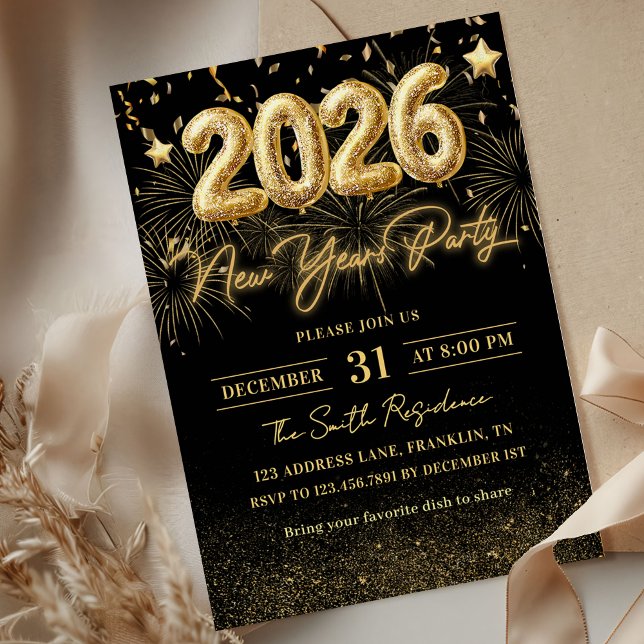 Invitación de fiesta de Año Nuevo 2026 con brillo  (Subido por el creador)