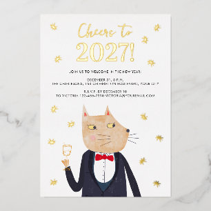 Invitación de fiesta de Año Nuevo 2027 con gato es