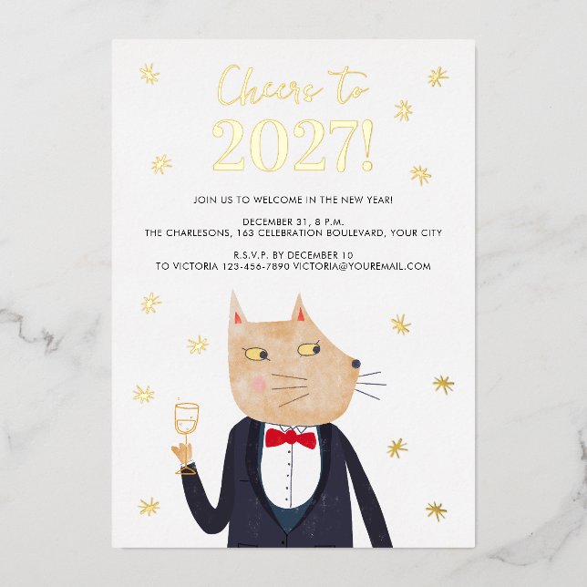 Invitación de fiesta de Año Nuevo 2027 con gato es (Anverso)