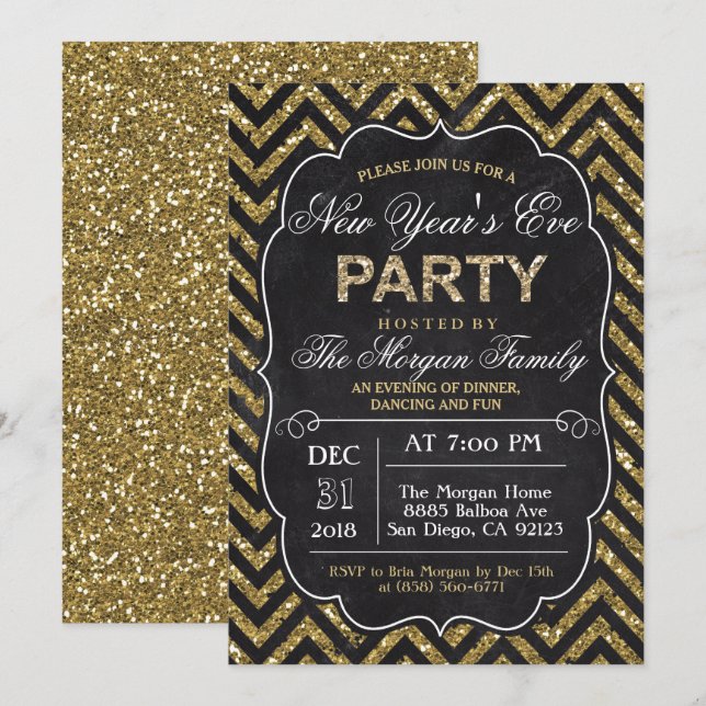 Invitación de fiesta de Año Nuevo al purpurina Cha (Anverso / Reverso)