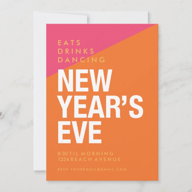 Invitación de fiesta de Año Nuevo, audaz y moderno (Anverso)