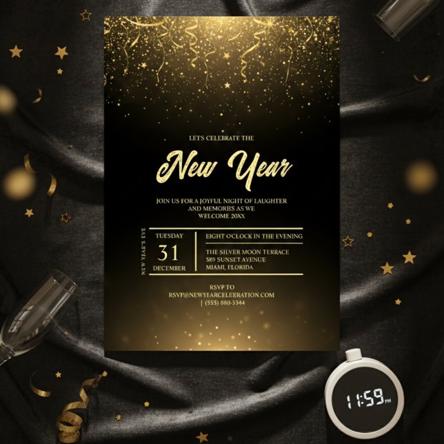 Invitación de fiesta de Año Nuevo con brillo de or (Black Gold Sparkle New Year Party Invitation)