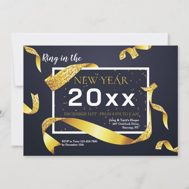 Invitación de fiesta de año nuevo con cinta dorada (Anverso)