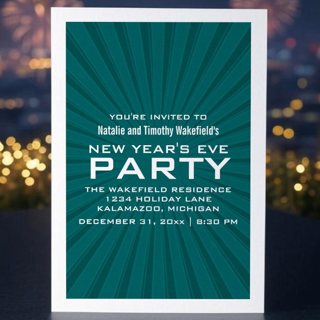 Invitación de Fiesta de Año Nuevo con estallido ve (Teal Starburst Stripes New Years Party Invite)