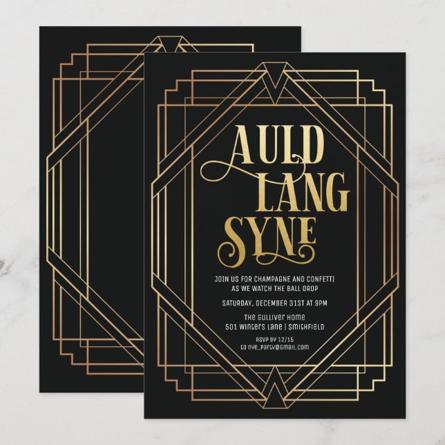 Invitación de fiesta de Año Nuevo con estilo Art D (Anverso / Reverso)