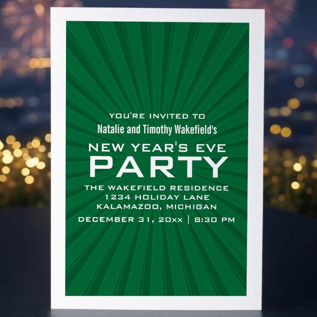 Invitación de Fiesta de Año Nuevo con franjas este (Green Starburst Stripes New Years Party Invite)