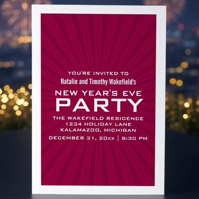 Invitación de Fiesta de Año Nuevo con franjas este (Pink Starburst Stripes New Years Party Invite)