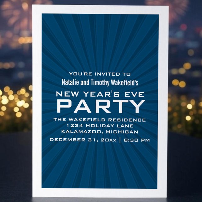 Invitación de Fiesta de Año Nuevo con franjas este (Blue Starburst Stripes New Years Party Invite)