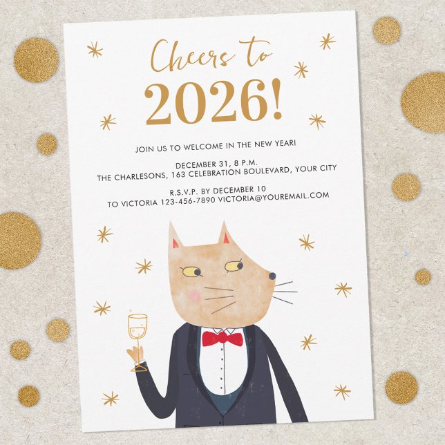 Invitación de fiesta de Año Nuevo con gato en esmo (Fun Cat in a Suit Cheers to 2026 New Year's Eve party invitation)