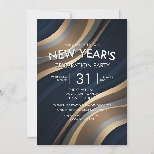 Invitación de fiesta de Año Nuevo con onda dorada  (Anverso)