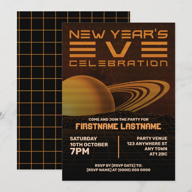 Invitación de fiesta de Año Nuevo de naranja Retro (Anverso / Reverso)