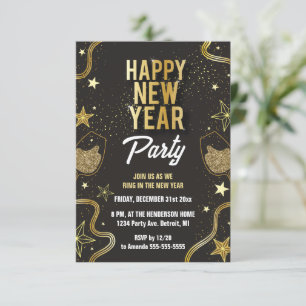 Invitación de fiesta de Año Nuevo en negro y oro