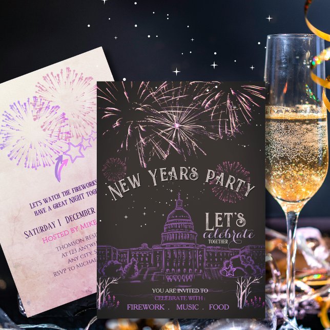 Invitación de fiesta de Año Nuevo en pizarra | Púr (Chalkboard New Year's Party Invitation  Purple )