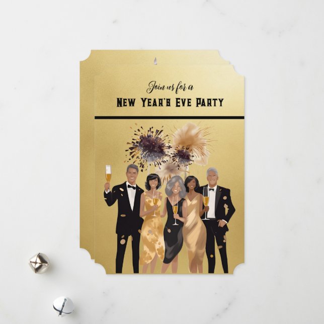 Invitación de fiesta de Año Nuevo negro y oro (Anverso/Reverso In Situ)