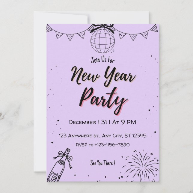 Invitación de fiesta de Año Nuevo púrpura editable (Anverso)
