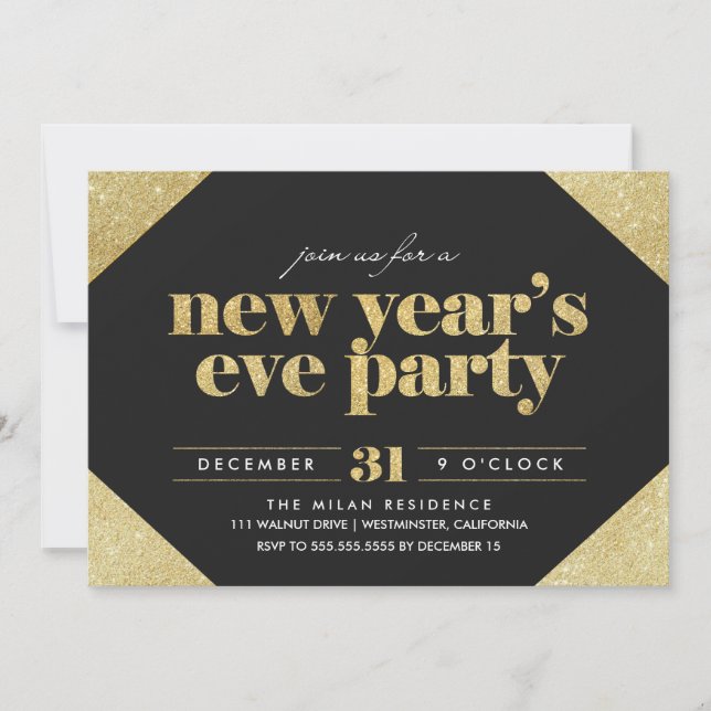 Invitación de fiesta de Año Nuevo purpurina (Anverso)