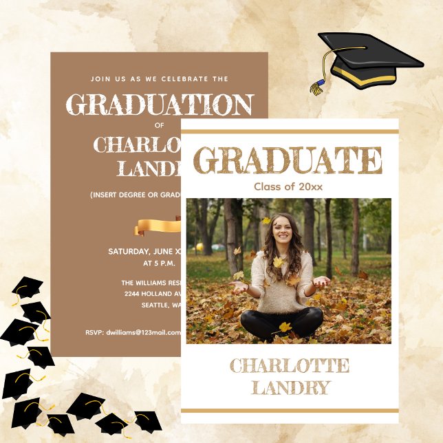 Invitación de fiesta de anuncio de foto de graduad (Graduate Photo Announcement Party Invitation - Gold Accent)