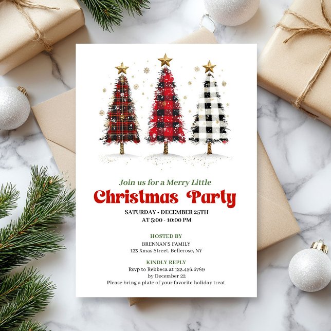 Invitación de fiesta de árbol de Navidad a cuadros (Bold buffalo plaid Christmas tree party invitation

)