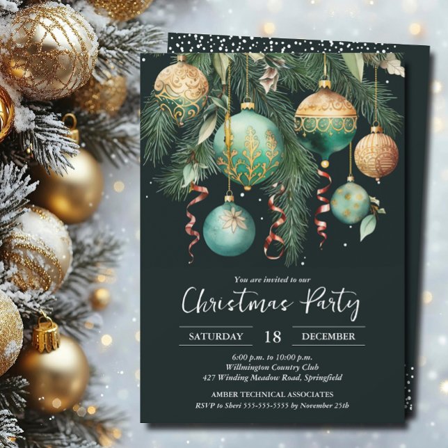 Invitación de fiesta de árbol de Navidad con adorn (Gold and green Christmas tree ornaments party invitations PRINTED and/or INSTANT DOWNLOAD)