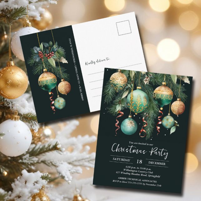 Invitación de fiesta de árbol de Navidad con adorn (Gold and green Christmas tree party invitation postcards)