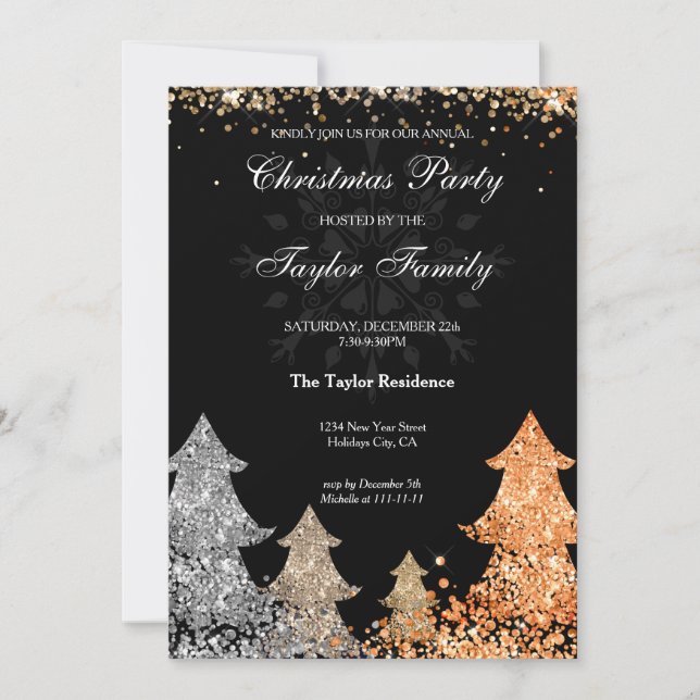 Invitación de Fiesta de árbol de Navidad Purpurina (Anverso)