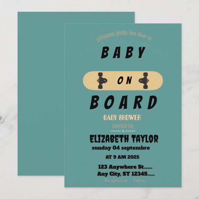 Invitación de fiesta de Baby Shower con monopatín  (Anverso / Reverso)