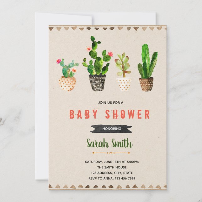 invitación de fiesta de baby shower de cactus (Anverso)