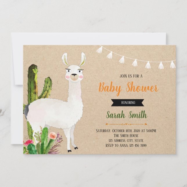 invitación de fiesta de baby shower de llama (Anverso)