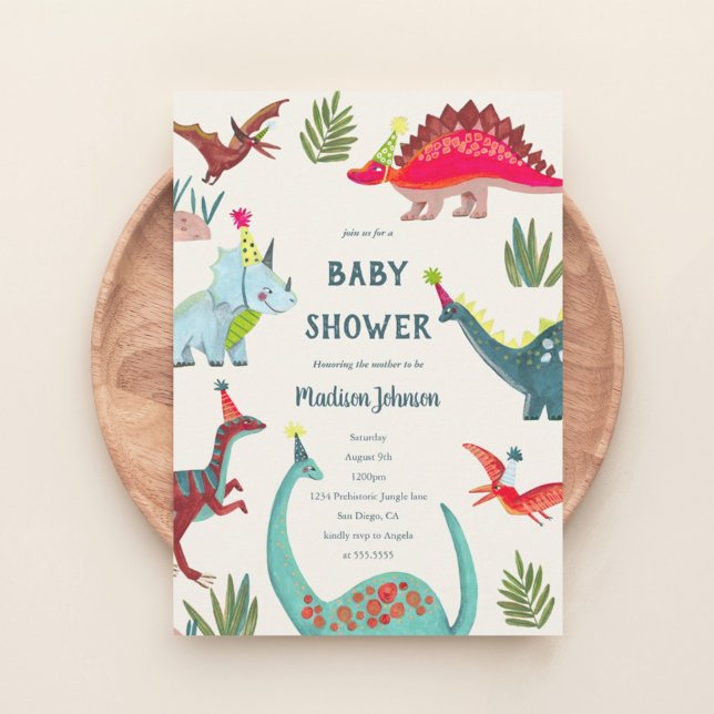 Invitación de fiesta de baby shower de niño con di (Dinosaur blue baby shower party invitation)
