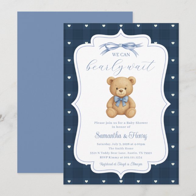 Invitación de fiesta de baby shower de osito de pe (Anverso / Reverso)