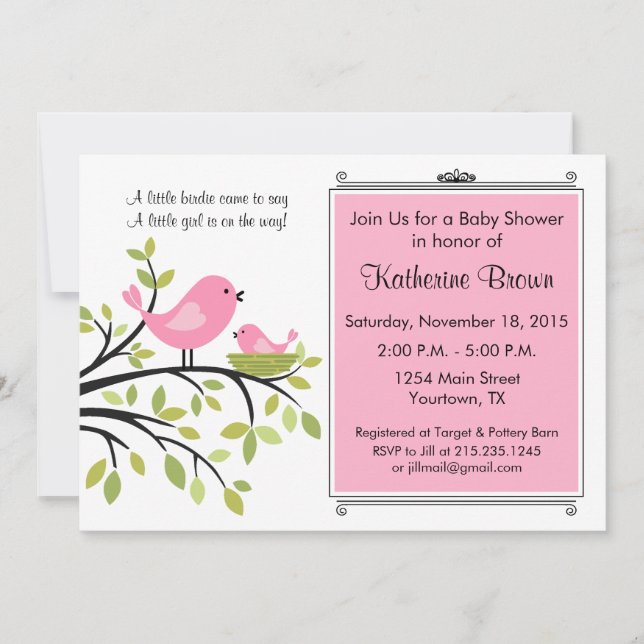 Invitación de fiesta de baby shower de pajarito (Anverso)