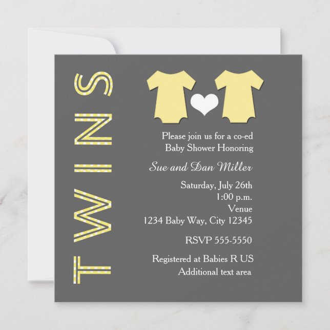 Invitación de fiesta de baby shower para gemelos a (Anverso)
