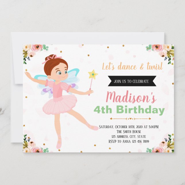 invitación de fiesta de bailarina de hadas (Anverso)