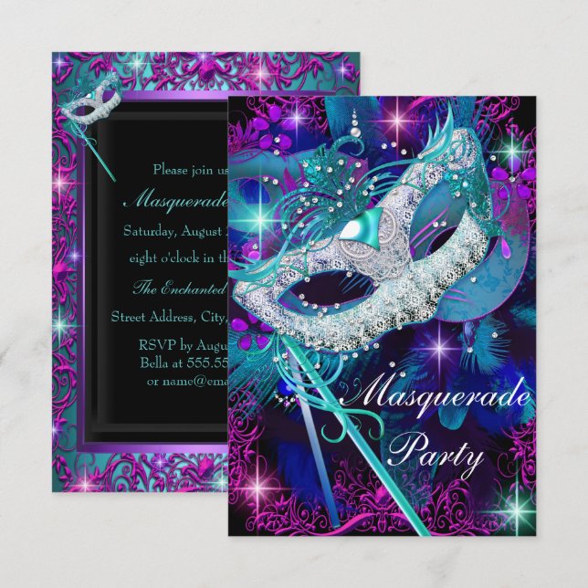 Invitación de fiesta de baile de máscaras azul ver (Anverso / Reverso)