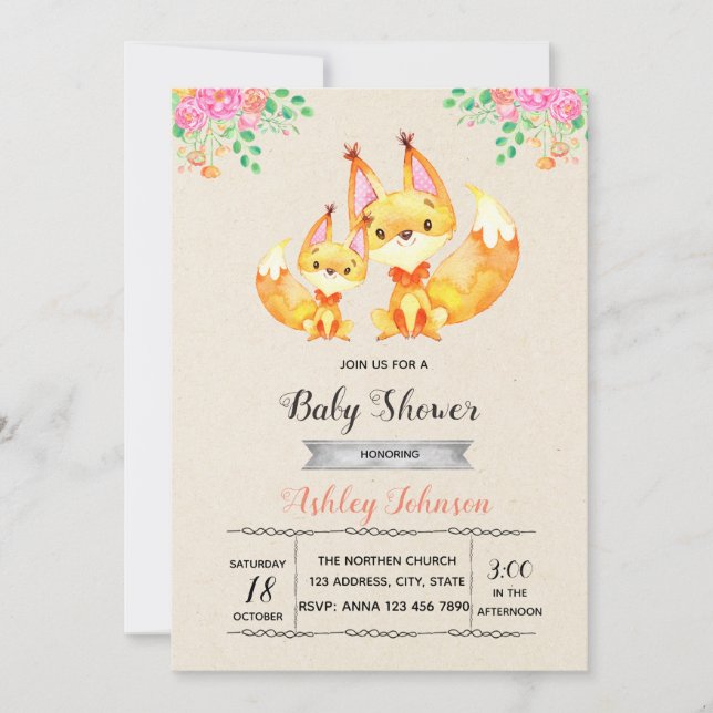 Invitación de fiesta de baño para bebés de Fox (Anverso)