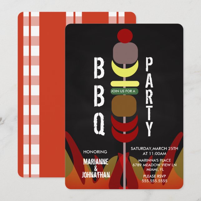 Invitación de fiesta de barbacoa con brochetas de  (Anverso / Reverso)