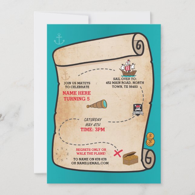 Invitación de Fiesta de barco de cumpleaños a Pira (Anverso)