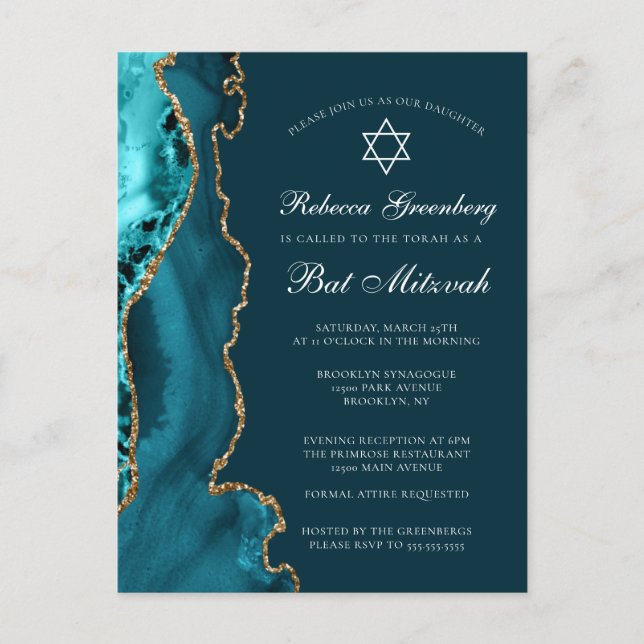 Invitación de fiesta de Bat Mitzvah de oro azul el (Anverso)