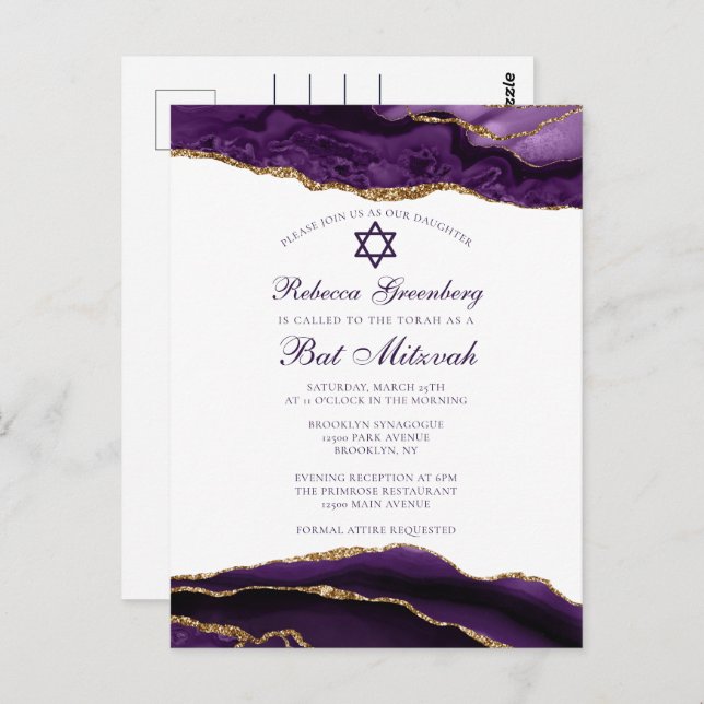 Invitación de fiesta de Bat Mitzvah morada y dorad (Anverso / Reverso)