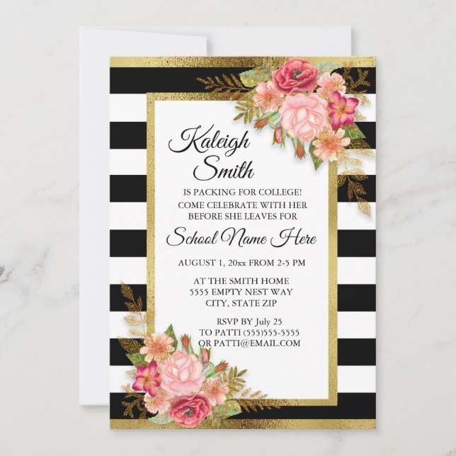Invitación de fiesta de baúl rayas negras y blanca (Anverso)