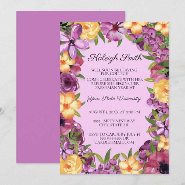 Invitación de fiesta de baúl universitario floral  (Anverso / Reverso)