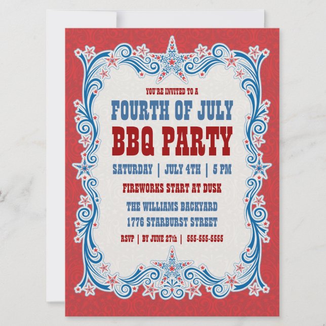 Invitación de fiesta de BBQ del Cuatro de Julio vi (Anverso)