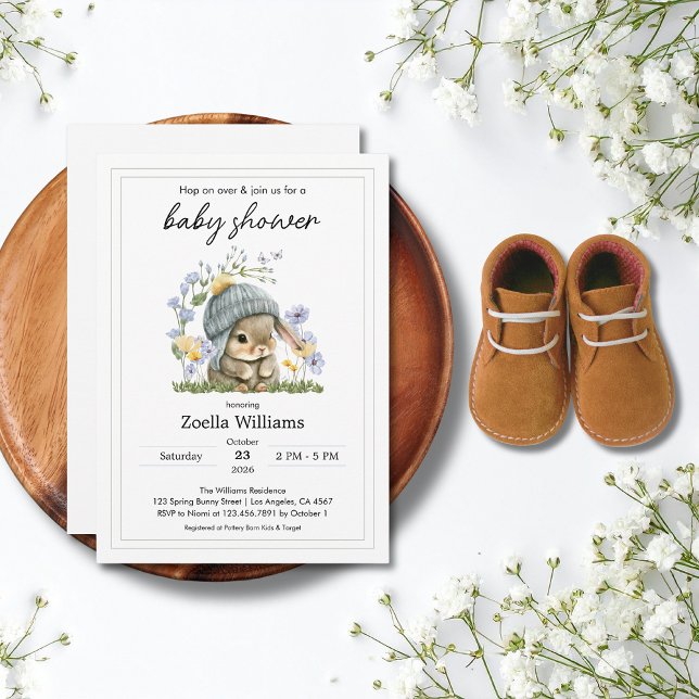 Invitación de fiesta de bebé con flores simples y  (Baby Shower Invitation Simple Flowers Bunny 5)
