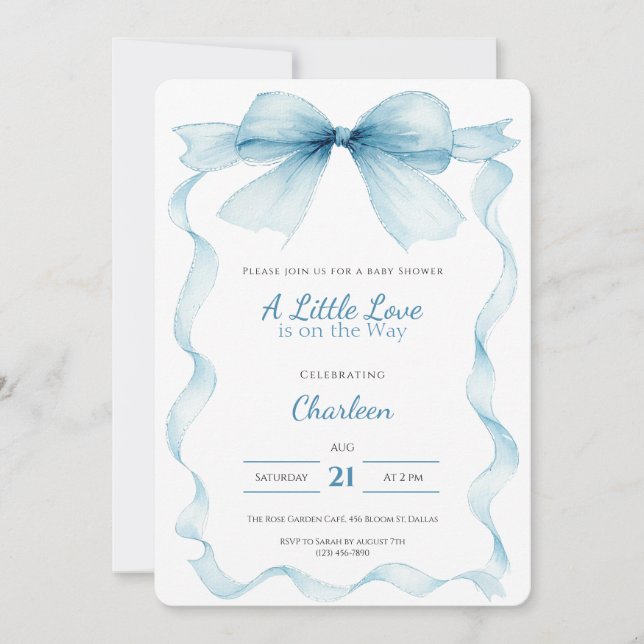 Invitación de fiesta de bebé con lazo azul Coquett (Anverso)
