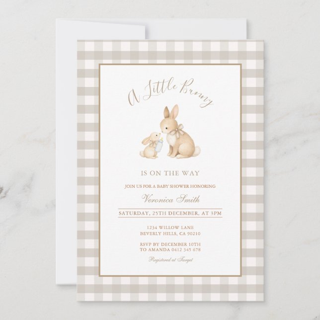 Invitación de fiesta de bebé de conejito beige neu (Anverso)