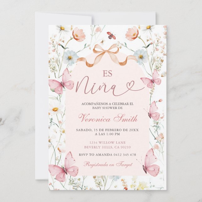 Invitación de Fiesta de Bebé Española Cinta Rosa R (Anverso)